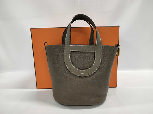 HERMES In the Loop 18 Handbag, Taurillon Clemence Leather x Swift Leather Etoupe, Silver Hardware, B Stamp