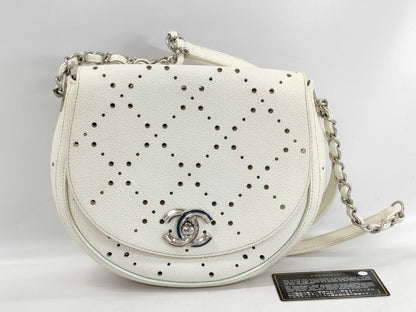 CHANEL Full Flap Caviar Leather Matelasse White Chain Shoulder Bag, No. 24