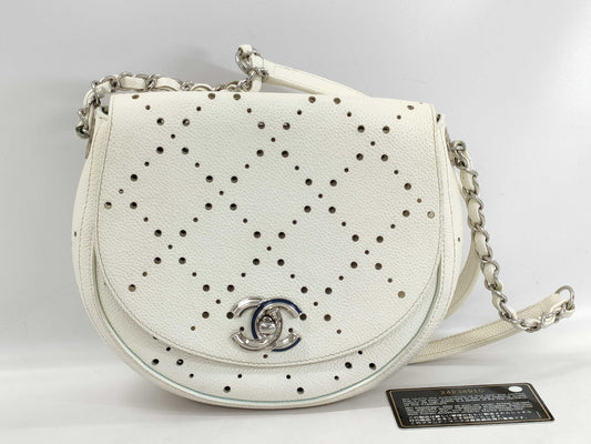 CHANEL Full Flap Caviar Leather Matelasse White Chain Shoulder Bag, No. 24