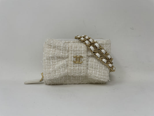 CHANEL CHANEL Ribbon Mini Chain Wallet Coin Case Tweed White Coin Case
