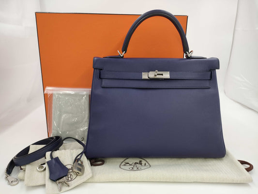HERMES Kelly 32 Le Tourne Touch Evercolor Blue Ankle x Blue Zellige Silver Hardware D: 2019 Handbag