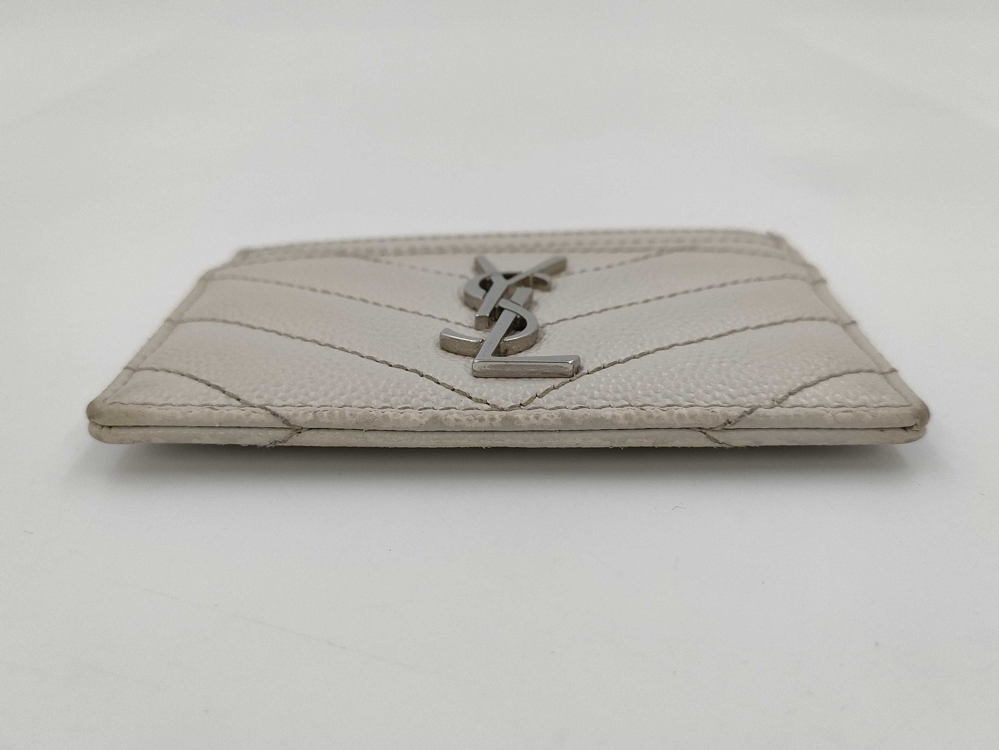 Yves Saint Laurent Paris Cassandra Card Case, V-Stitch Leather, White, Card Case, Pass Case, Business Card Case