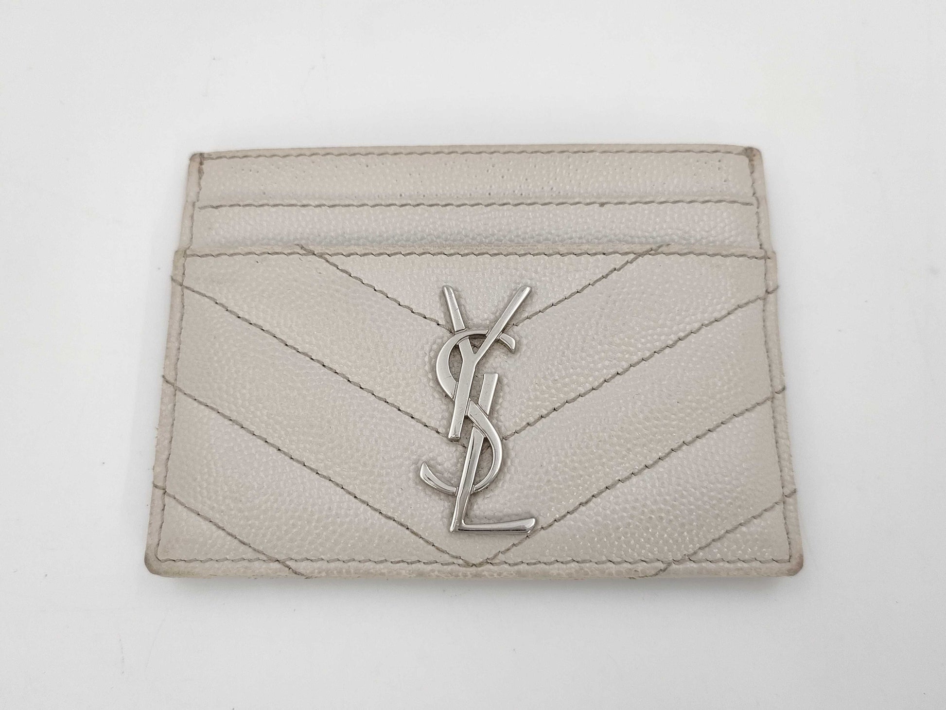 Yves Saint Laurent Paris Cassandra Card Case, V-Stitch Leather, White, Card Case, Pass Case, Business Card Case