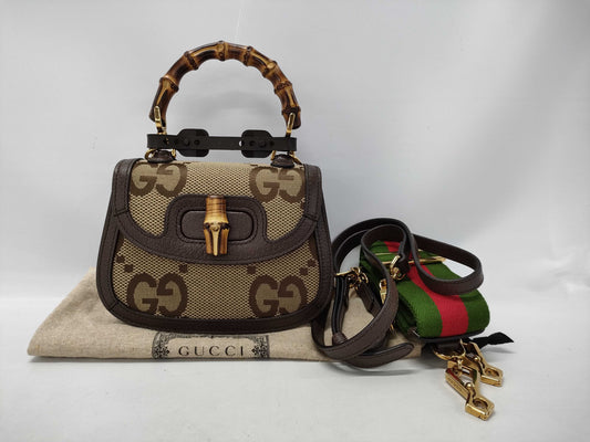 GUCCI Jumbo GG Bamboo Handle Shoulder Bag Handbag