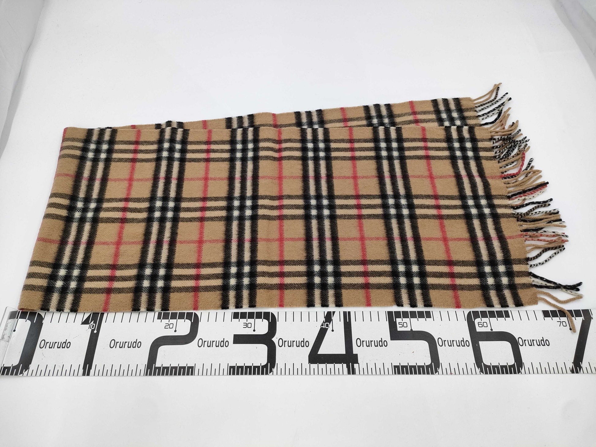 BURBERRY Nova Check Fringe Scarf, Made in England, Cashmere, Beige, Tag Included