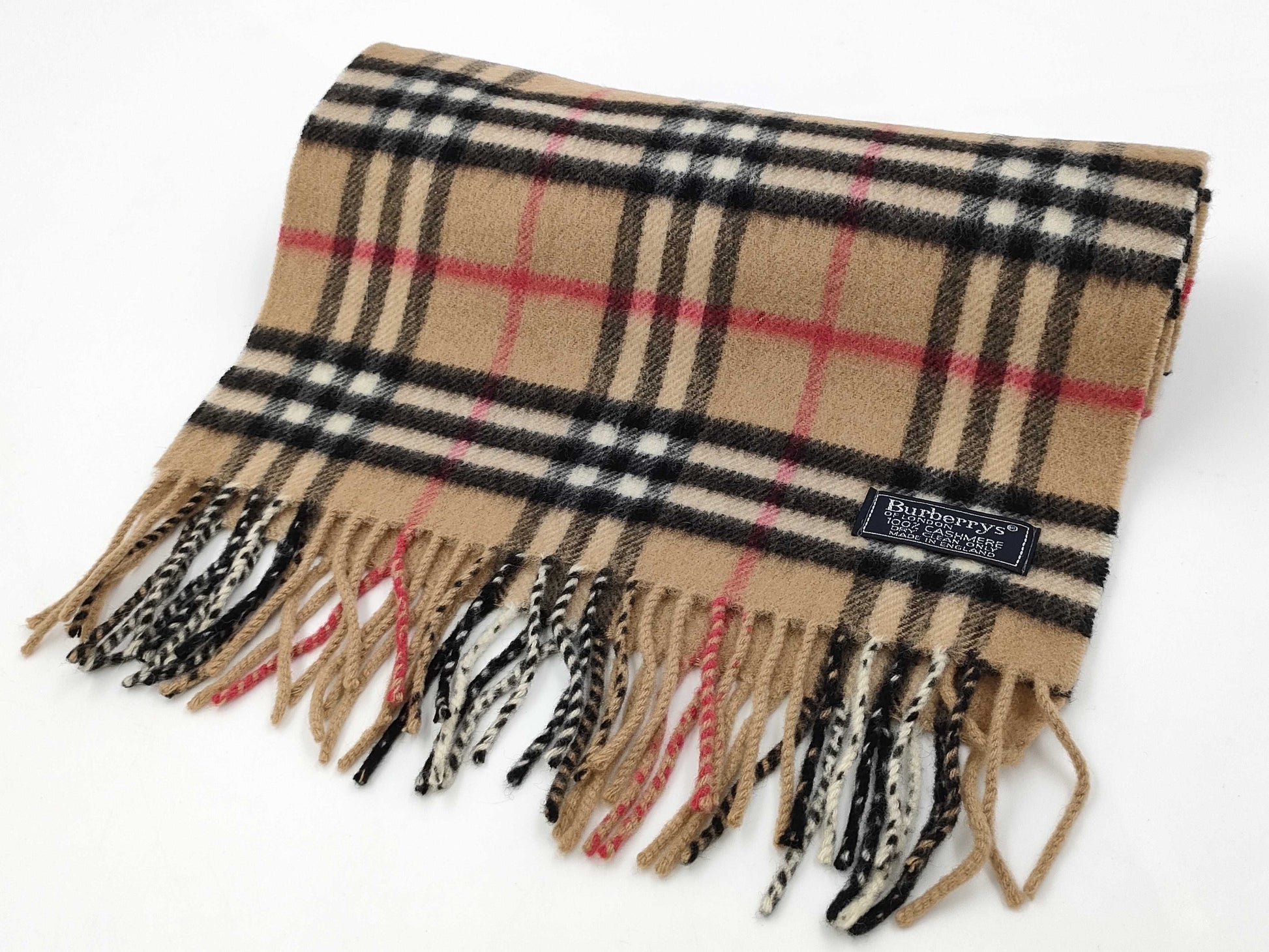 BURBERRY Nova Check Fringe Scarf, Made in England, Cashmere, Beige, Tag Included