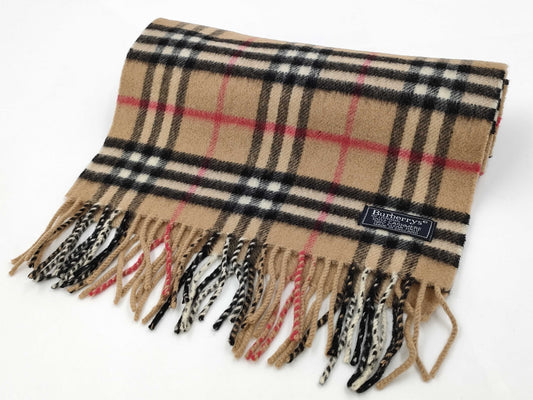 BURBERRY Nova Check Fringe Scarf, Made in England, Cashmere, Beige, Tag Included