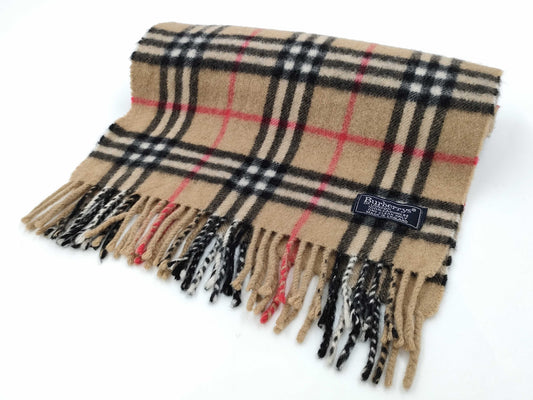 BURBERRY Nova Check Fringe Scarf, Made in England, Cashmere, Beige, Tag Included