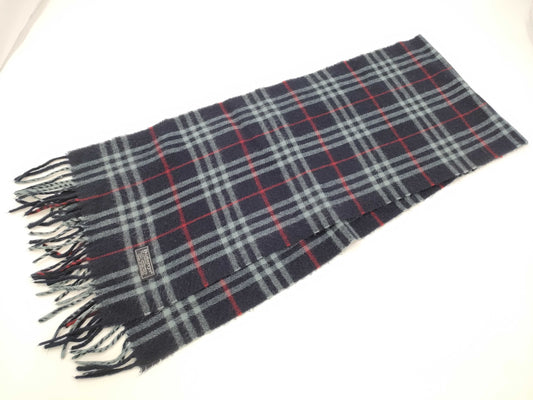 BURBERRY Nova Check Fringe Scarf, Made in England, Lambswool, Navy, Tag Included
