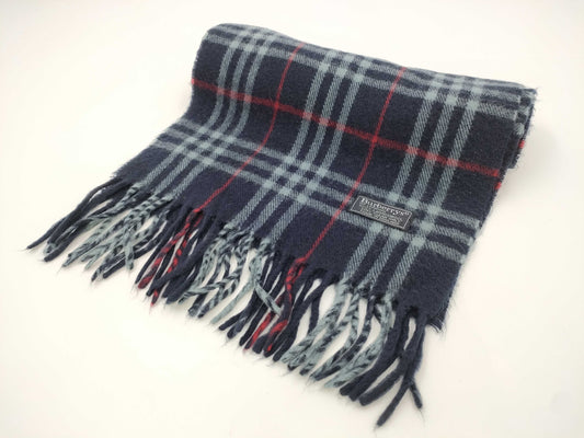 BURBERRY Nova Check Fringe Scarf, Made in England, Lambswool, Navy, Tag Included