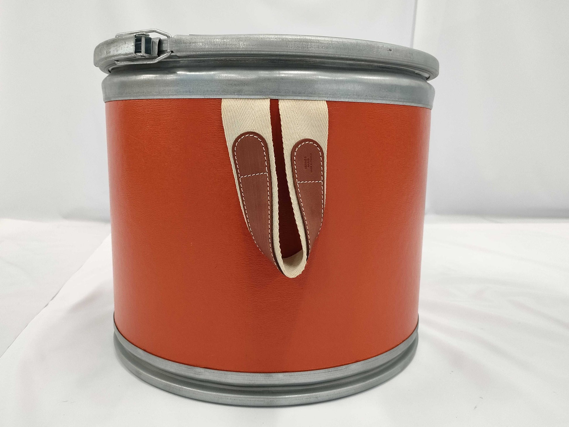 HERMES H800108E Saddle Box, Orange and Silver, for Saddlery, Storage, and Other Accessories, Drum-Shaped