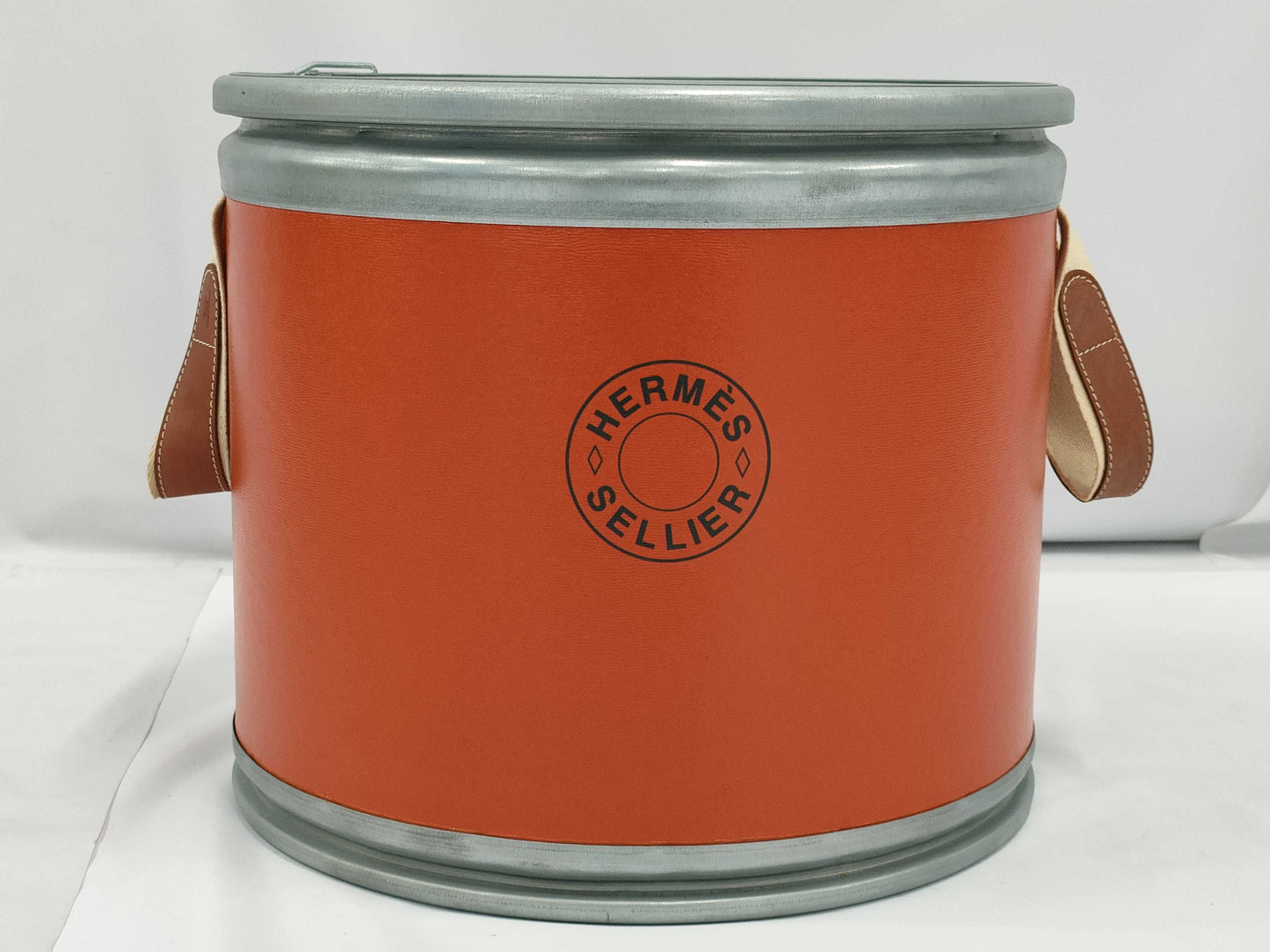 HERMES H800108E Saddle Box, Orange and Silver, for Saddlery, Storage, and Other Accessories, Drum-Shaped