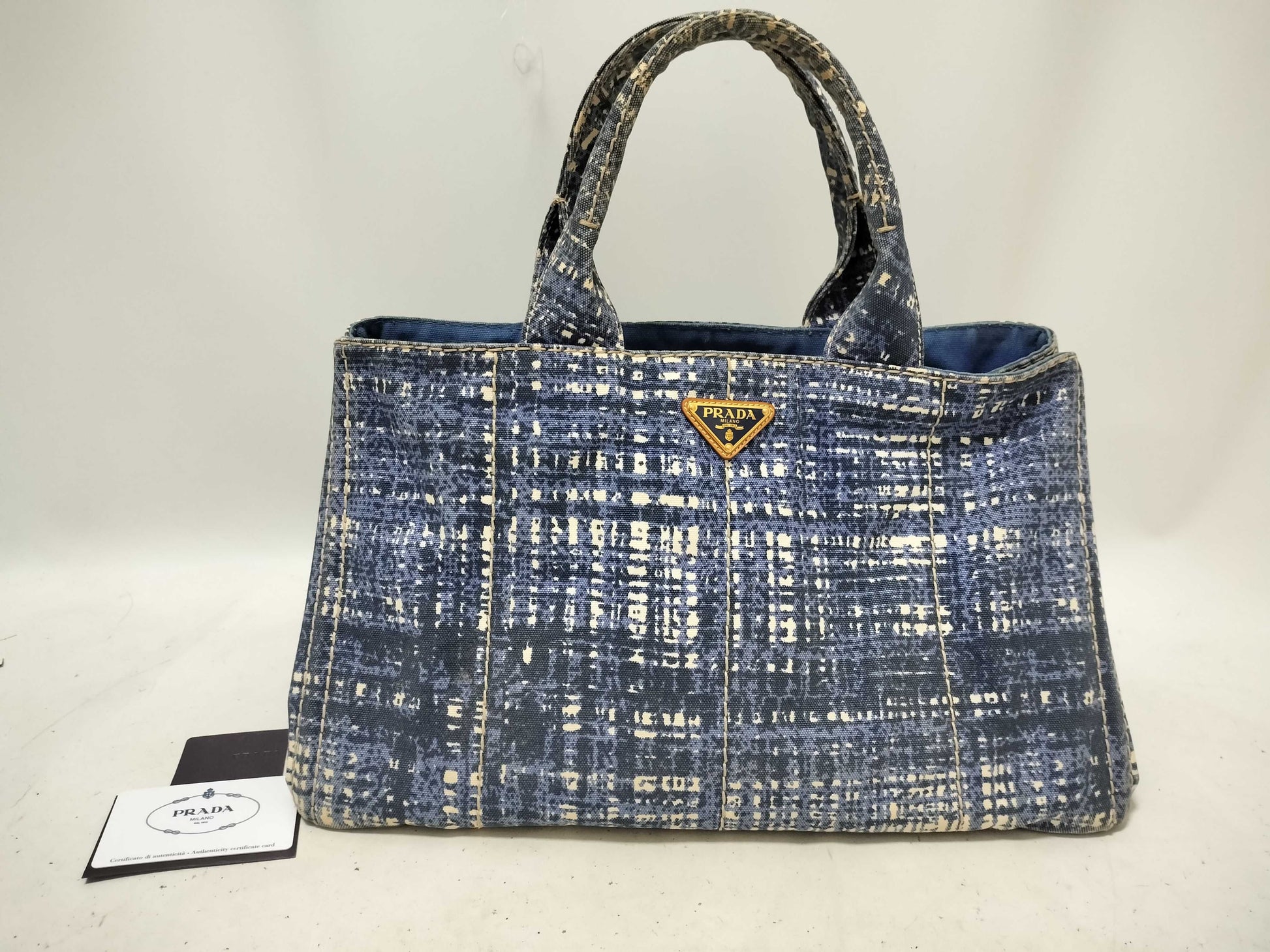 PRADA Prada Canapa Denim Handbag with Triangle Logo and All-Over Print