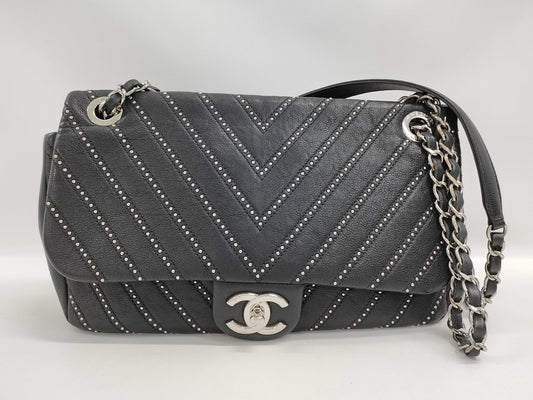 CHANEL Chain Shoulder Bag with Studs, Black, Silver Hardware, 24 Series