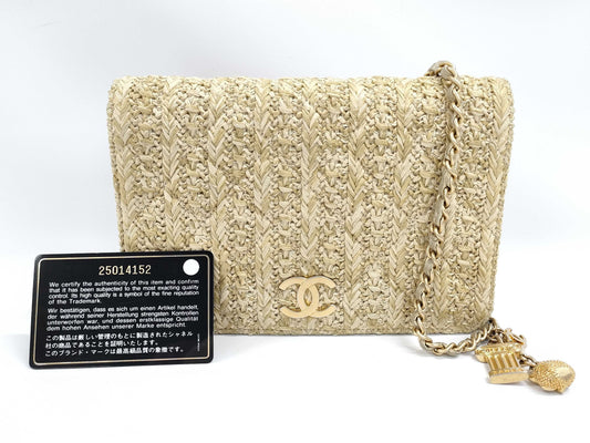 CHANEL Matelasse Raffia Chain Wallet, Beige, Owl Design, 25 Series