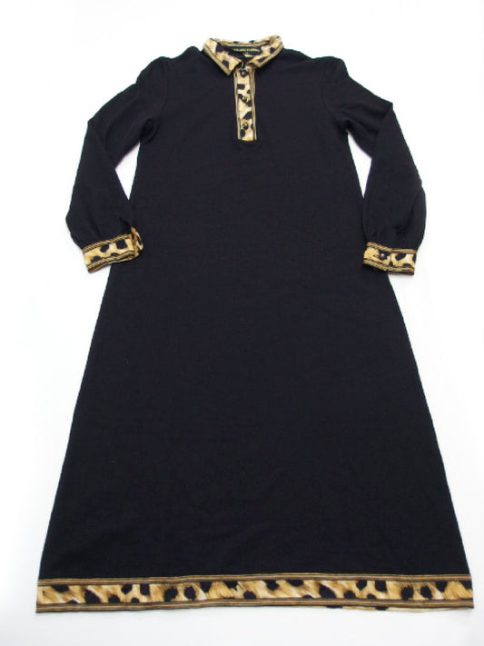 LEONARD LEONARD FASHION Long Dress, Wool and Silk, Leopard Print, Black, Size M