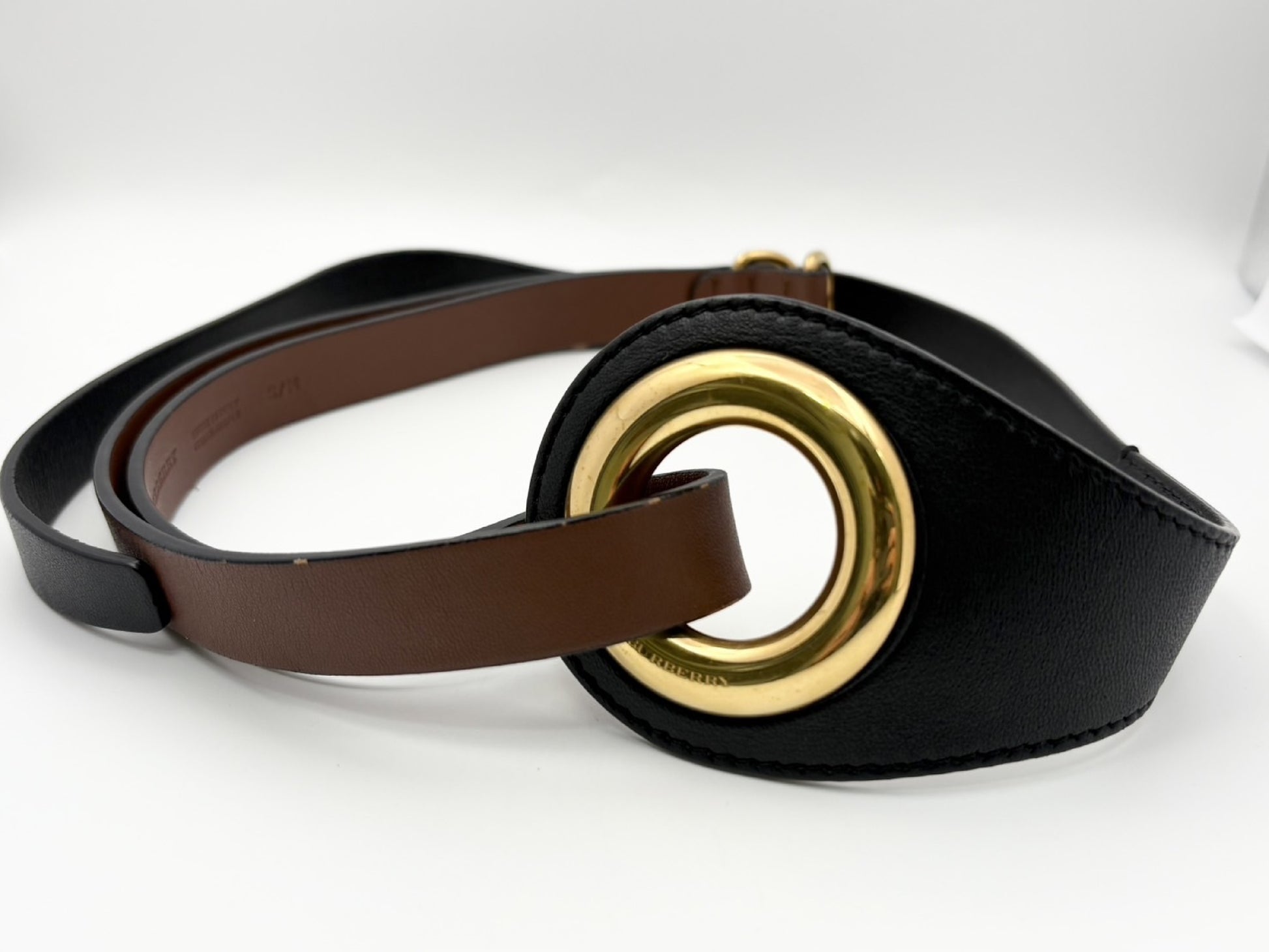 BURBERRY Grommet Detail Lambskin Waistband Belt, Size S/M, Open Circle Leather Belt, Two-Tone Black and Brown