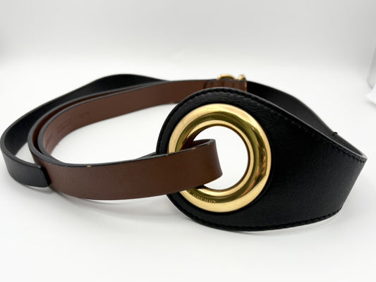 BURBERRY Grommet Detail Lambskin Waistband Belt, Size S/M, Open Circle Leather Belt, Two-Tone Black and Brown