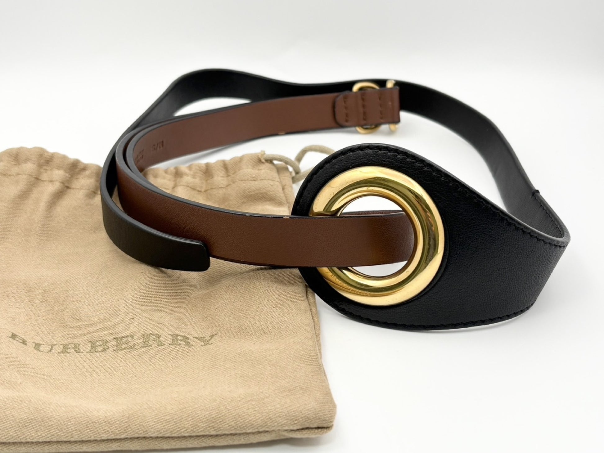 BURBERRY Grommet Detail Lambskin Waistband Belt, Size S/M, Open Circle Leather Belt, Two-Tone Black and Brown