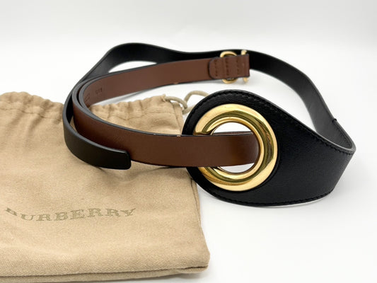 BURBERRY Grommet Detail Lambskin Waistband Belt, Size S/M, Open Circle Leather Belt, Two-Tone Black and Brown