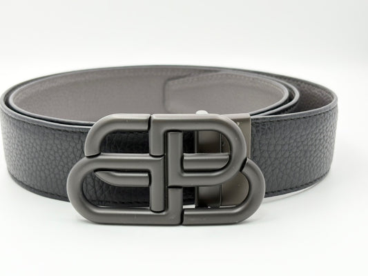BALENCIAGA BB Logo Reversible Leather Belt, Black and Gray
