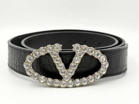 VALENTINO V Logo Signature XCT724 Rhinestone and Beaded Crystal Buckle Leather Belt 75/30 Black Crocodile Embossed Belt