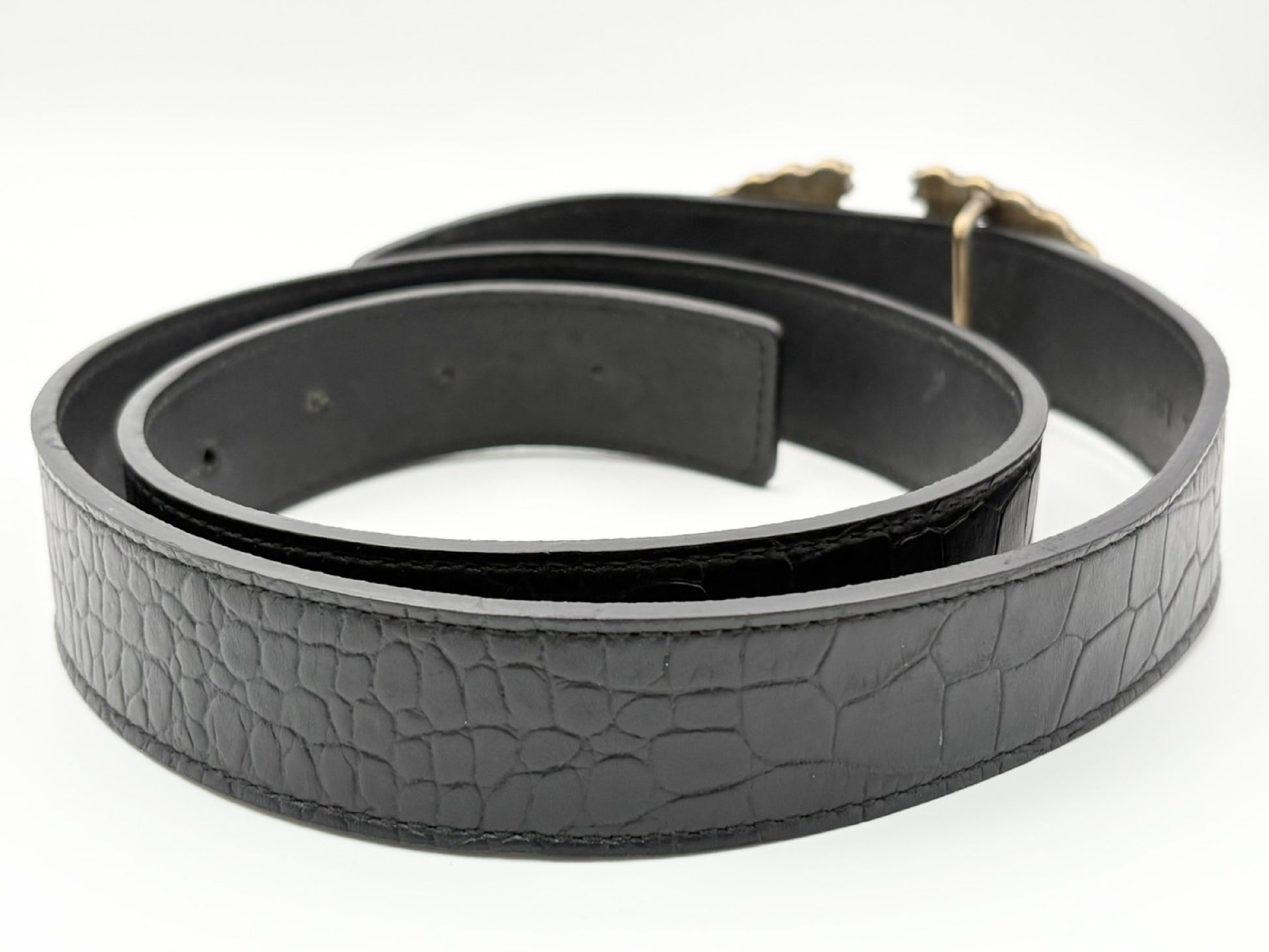 VALENTINO V Logo Signature XCT724 Rhinestone and Beaded Crystal Buckle Leather Belt 75/30 Black Crocodile Embossed Belt