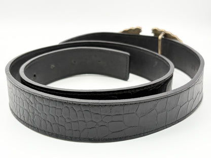 VALENTINO V Logo Signature XCT724 Rhinestone and Beaded Crystal Buckle Leather Belt 75/30 Black Crocodile Embossed Belt