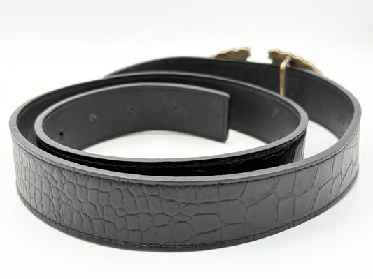 VALENTINO V Logo Signature XCT724 Rhinestone and Beaded Crystal Buckle Leather Belt 75/30 Black Crocodile Embossed Belt