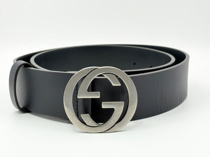 GUCCI 546389 Interlocking G Leather Belt 85/34 Navy