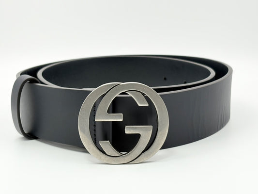 GUCCI 546389 Interlocking G Leather Belt 85/34 Navy