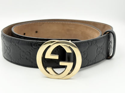 GUCCI 370543 Guccissima Interlocking G Leather Belt 80/32 Black with Gold Hardware