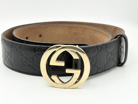 GUCCI 370543 Guccissima Interlocking G Leather Belt 80/32 Black with Gold Hardware