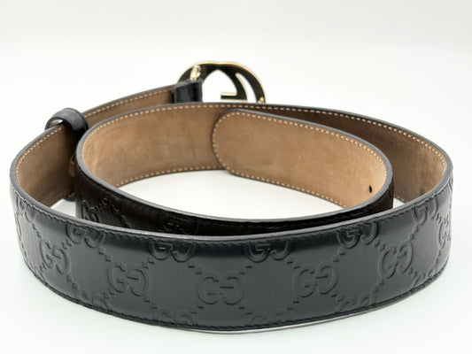 GUCCI 370543 Guccissima Interlocking G Leather Belt 80/32 Black with Gold Hardware