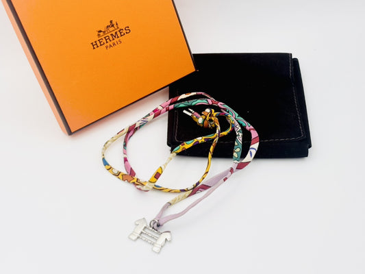 HERMES Tourbillon Horse Charm Cheval Silk Necklace