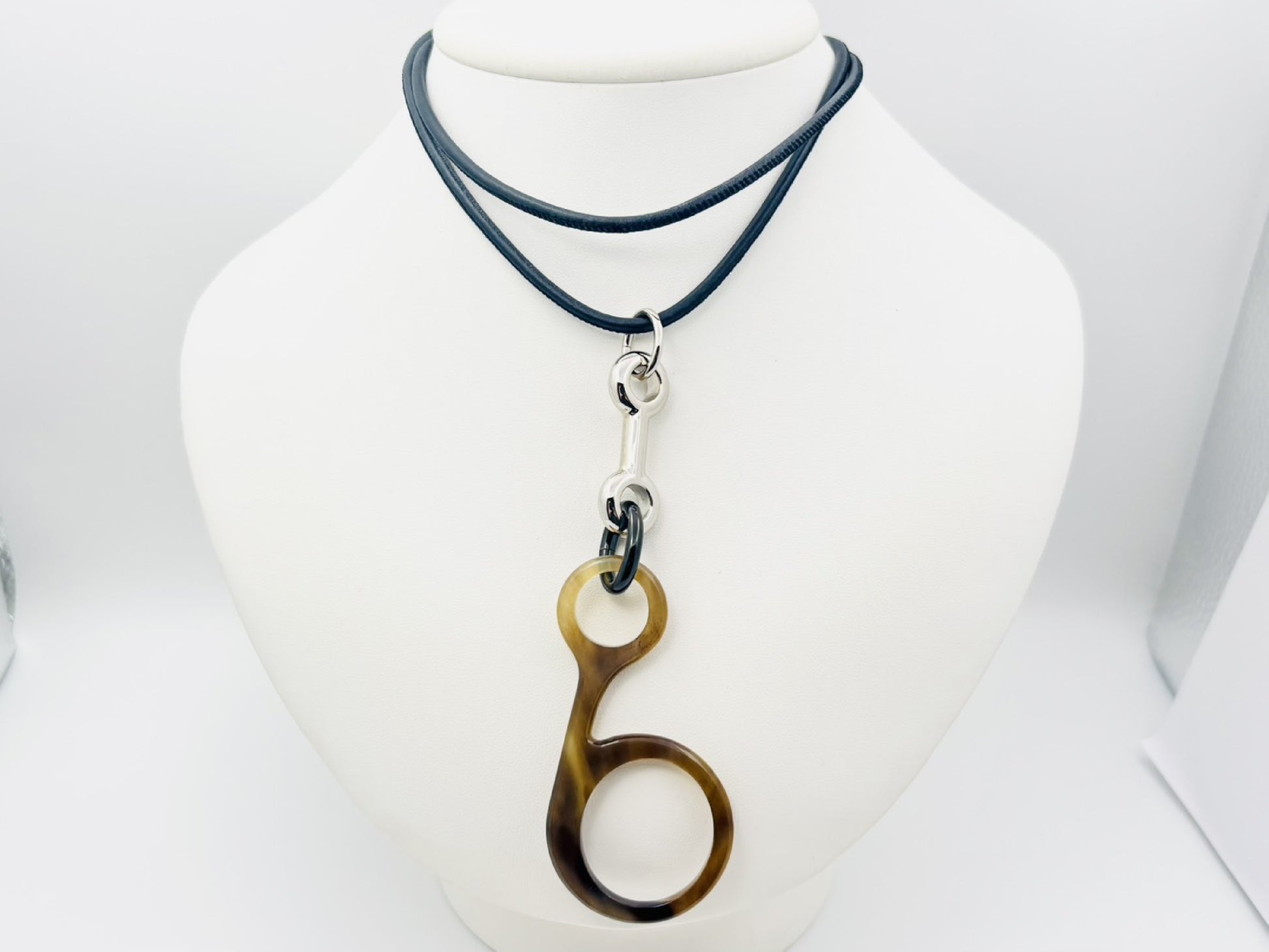 HERMES Rhapsody Buffalo Horn Long Leather Cord Pendant Necklace