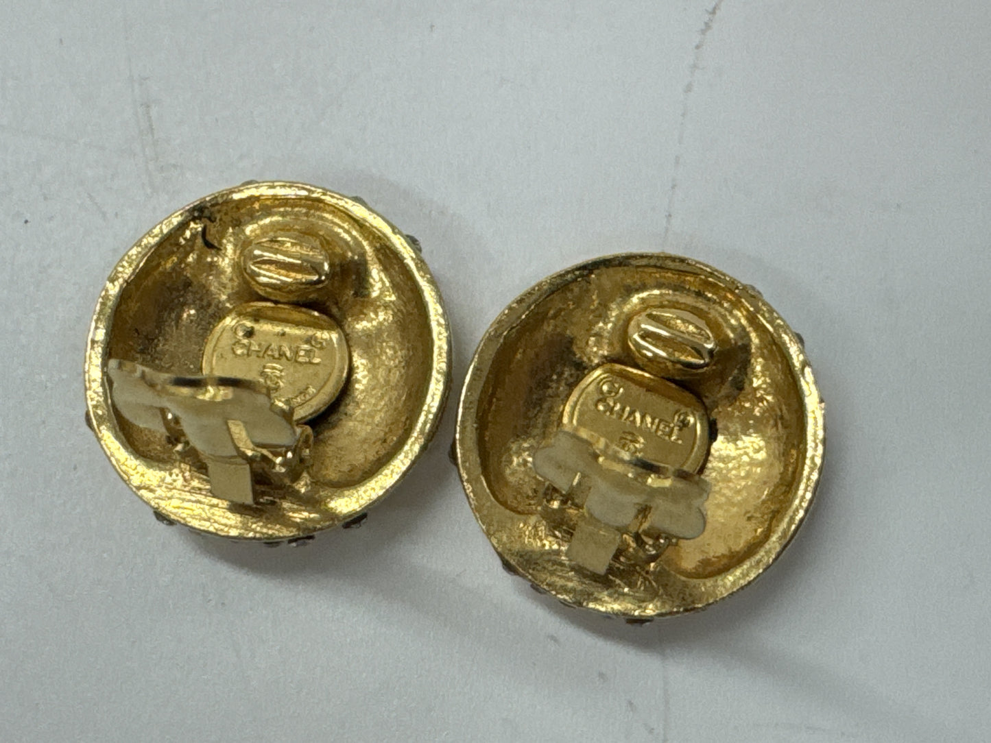 CHANEL Logo Rhinestone Gold Earrings