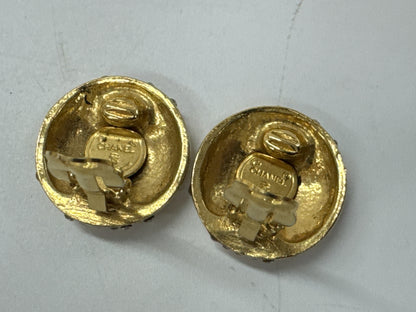 CHANEL Logo Rhinestone Gold Earrings