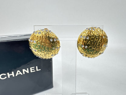 CHANEL Logo Rhinestone Gold Earrings