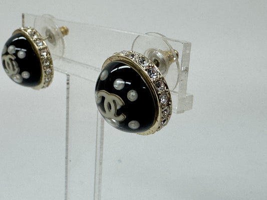 CHANEL Coco Mark Pearl and Rhinestone Dome Round Earrings, 10C, Black