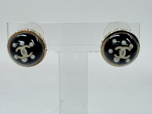 CHANEL Coco Mark Pearl and Rhinestone Dome Round Earrings, 10C, Black