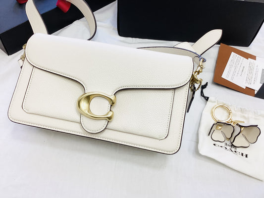 COACH Tabby 26 3-Way Bag, Off-White and Gold, with Flower Stud Charm, Shoulder Bag