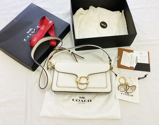 COACH Tabby 26 3-Way Bag, Off-White and Gold, with Flower Stud Charm, Shoulder Bag