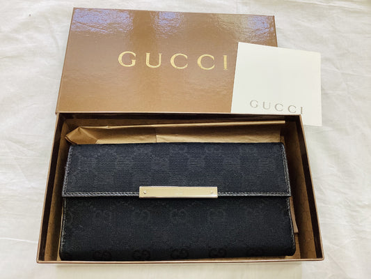 GUCCI 112715・2067 GG Canvas x Leather Double Hook Long Wallet Black Wallet