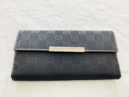 GUCCI 112715・2067 GG Canvas x Leather Double Hook Long Wallet Black Wallet