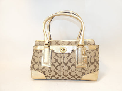 COACH Turnlock Signature Gold Canvas and Leather Hand Boston Bag