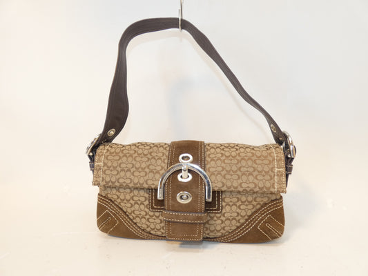COACH Belt Micro Signature Dark Brown Canvas Suede Leather One-Shoulder One-Hand Handbag