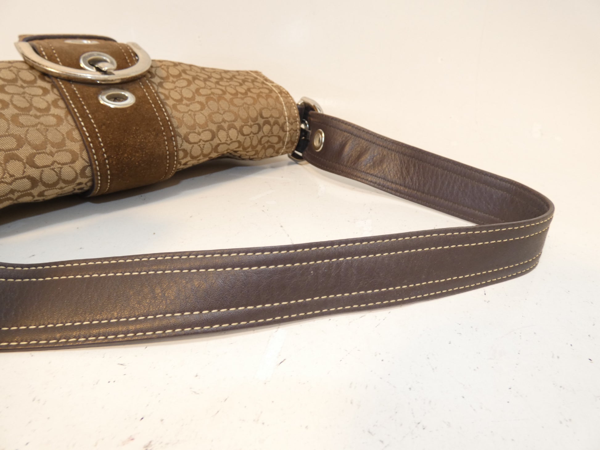 COACH Belt Micro Signature Dark Brown Canvas Suede Leather One-Shoulder One-Hand Handbag