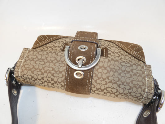 COACH Belt Micro Signature Dark Brown Canvas Suede Leather One-Shoulder One-Hand Handbag