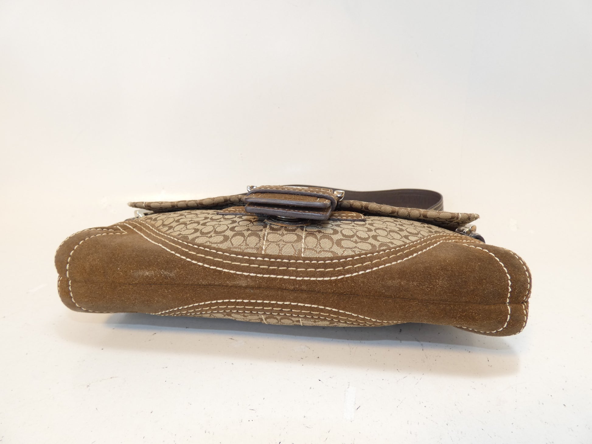 COACH Belt Micro Signature Dark Brown Canvas Suede Leather One-Shoulder One-Hand Handbag